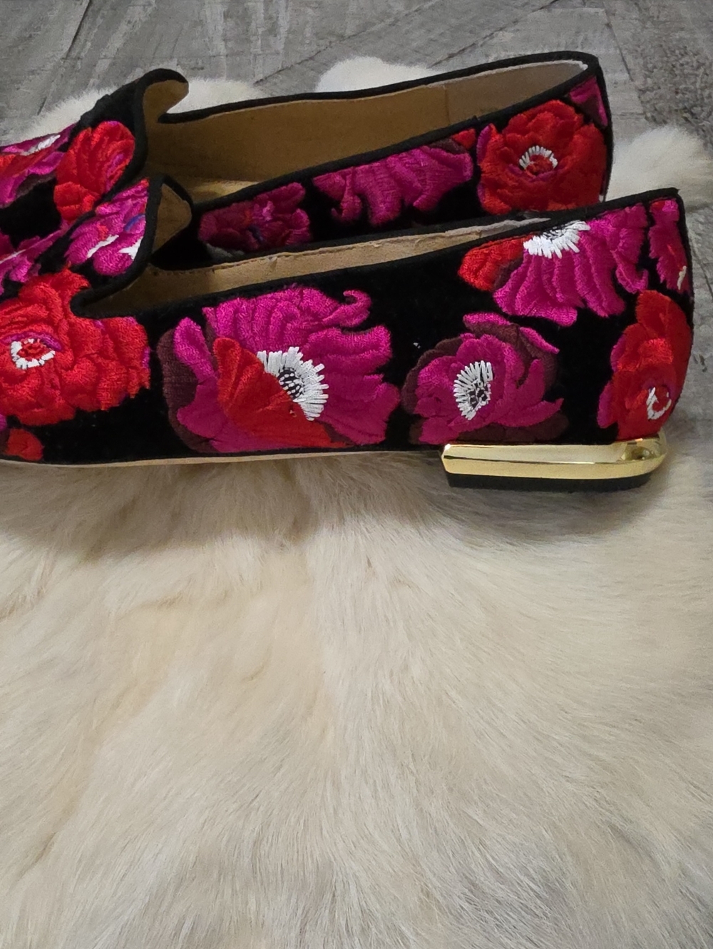 Talbots Black Plush Velvet Floral Loafers with Fuchsia and Red Embroidery - Picture 3 of 4